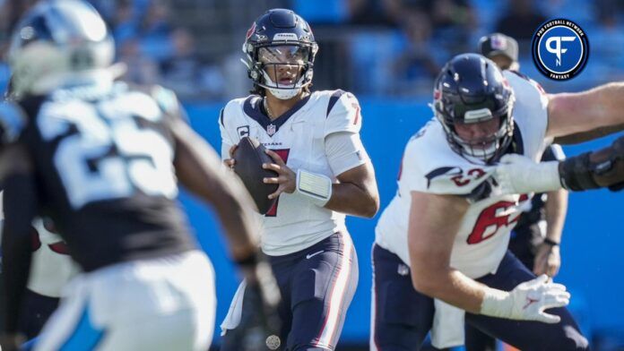 Houston Texans quarterback C.J. Stroud (7) drops back to pass against the Carolina Panthers during the second half at Bank of America Stadium.