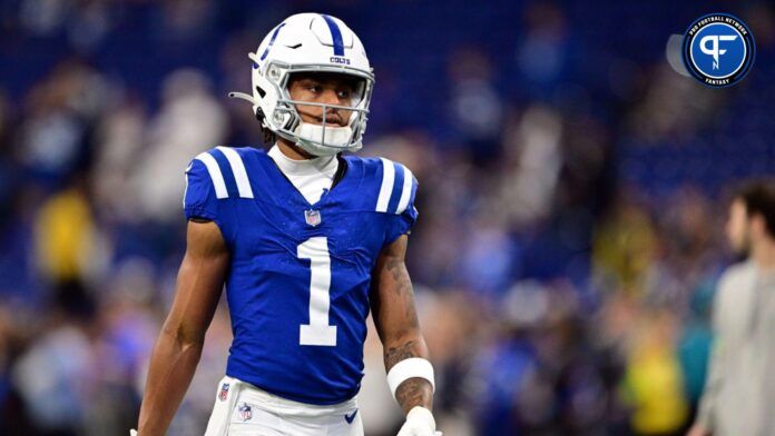 Josh Downs (1) warms up before the game against the New Orleans Saints at Lucas Oil Stadium.