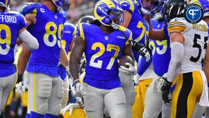 Los Angeles Rams running back Darrell Henderson Jr. (27) celebrates his touchdown scored against the Pittsburgh Steelers during the second half at SoFi Stadium.