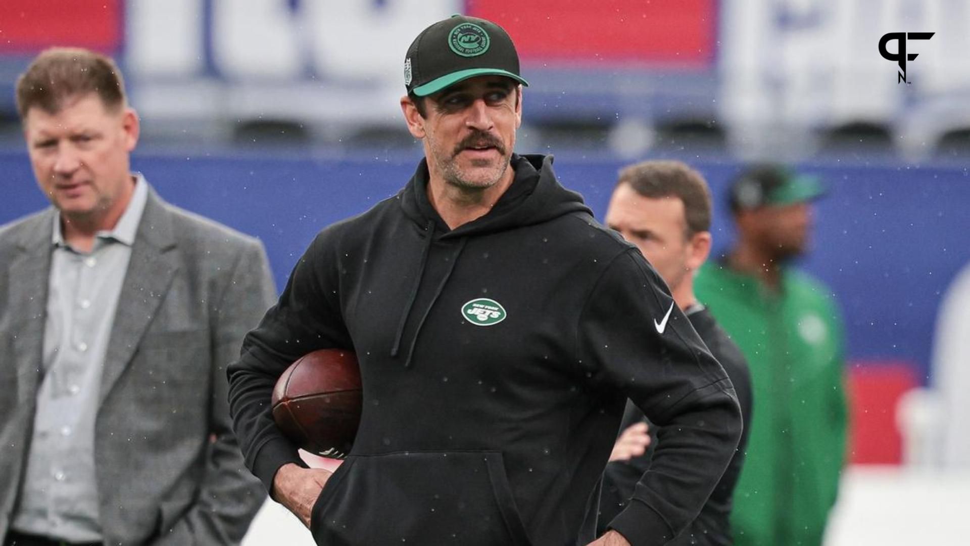 Aaron Rodgers (8) on the field before the game against the New York Giants at MetLife Stadium.