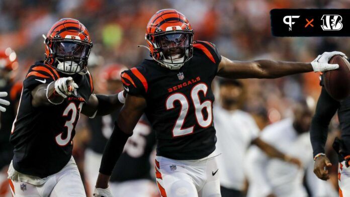 Cincinnati Bengals safety Tycen Anderson (26) reacts after making an interception against the Green Bay Packers in the first half at Paycor Stadium.