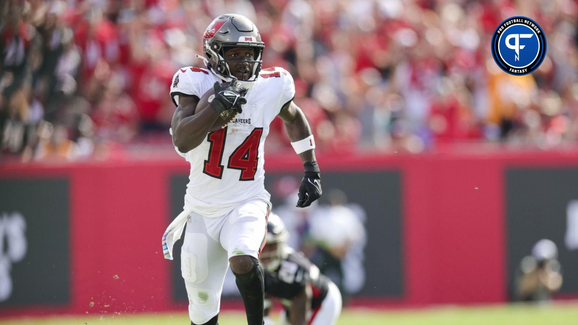 Chris Godwin (14) runs with the ball against the Atlanta Falcon in the fourth quarter at Raymond James Stadium.