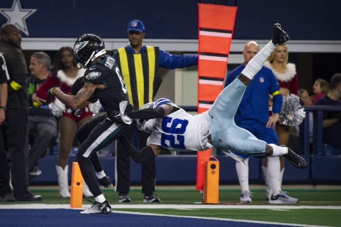 Philadelphia Eagles wide receiver DeVonta Smith (6) and Dallas Cowboys cornerback DaRon Bland (26) in action during the game between the Dallas Cowboys and the Philadelphia Eagles at AT&T Stadium.