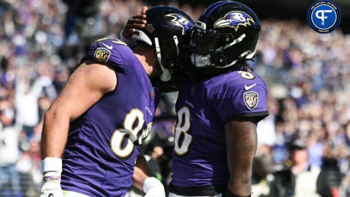 Baltimore Ravens tight end Mark Andrews (89) celebrates with quarterback Lamar Jackson (8) after scoring a touchdown against the Detroit Lions at M&T Bank Stadium.