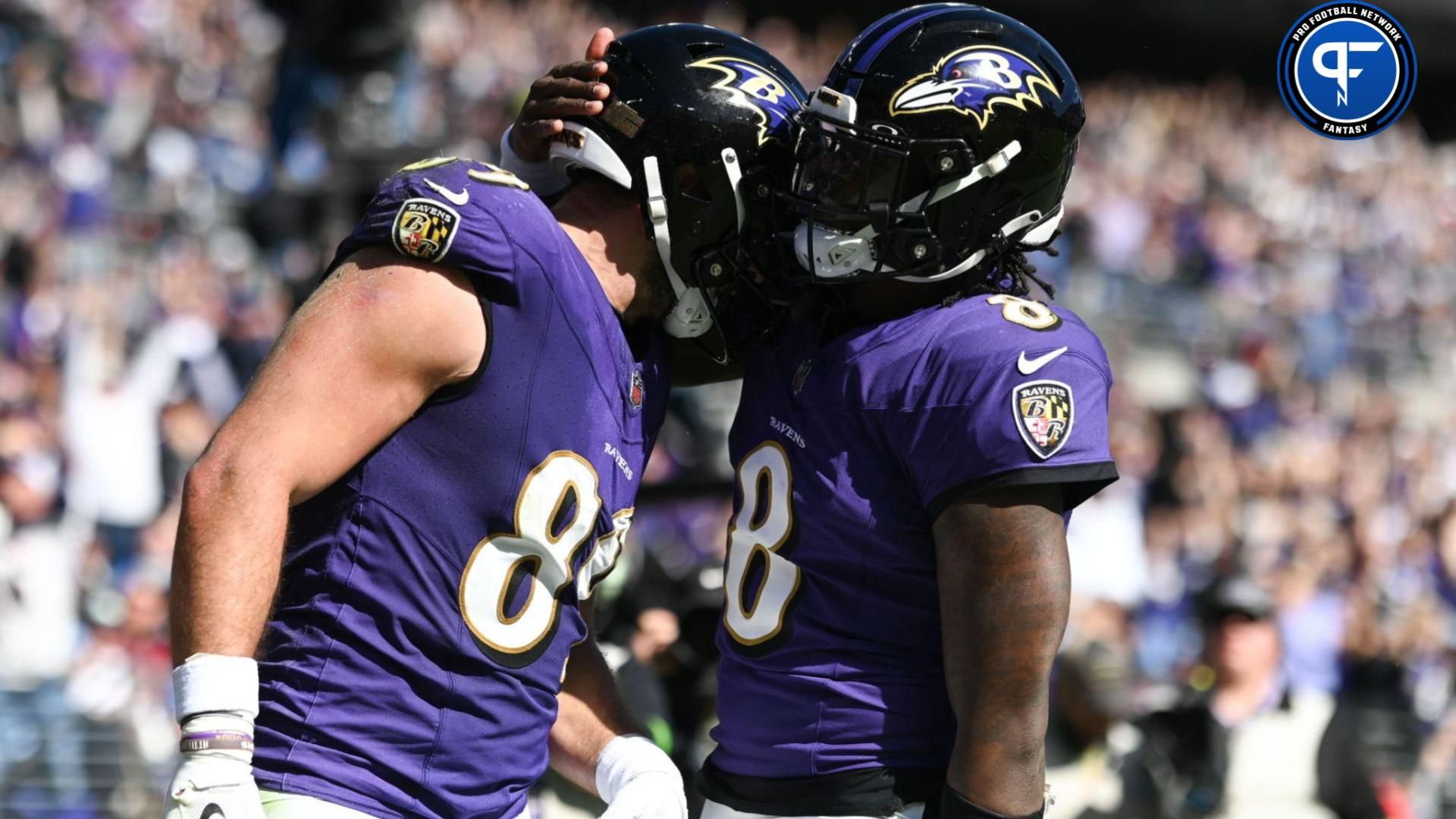 Baltimore Ravens tight end Mark Andrews (89) celebrates with quarterback Lamar Jackson (8) after scoring a touchdown against the Detroit Lions at M&T Bank Stadium.