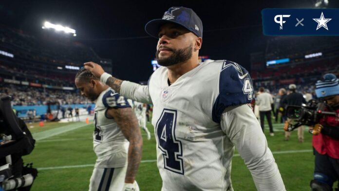 Dallas Cowboys quarterback Dak Prescott (4) celebrates their 27 to 13 win against the Tennessee Titans after the game at Nissan Stadium Thursday, Dec. 29, 2022, in Nashville, Tenn.