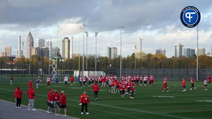 A general overall view of Kansas City Chiefs practice at DFB Campus with downtown skyline as backdrop.