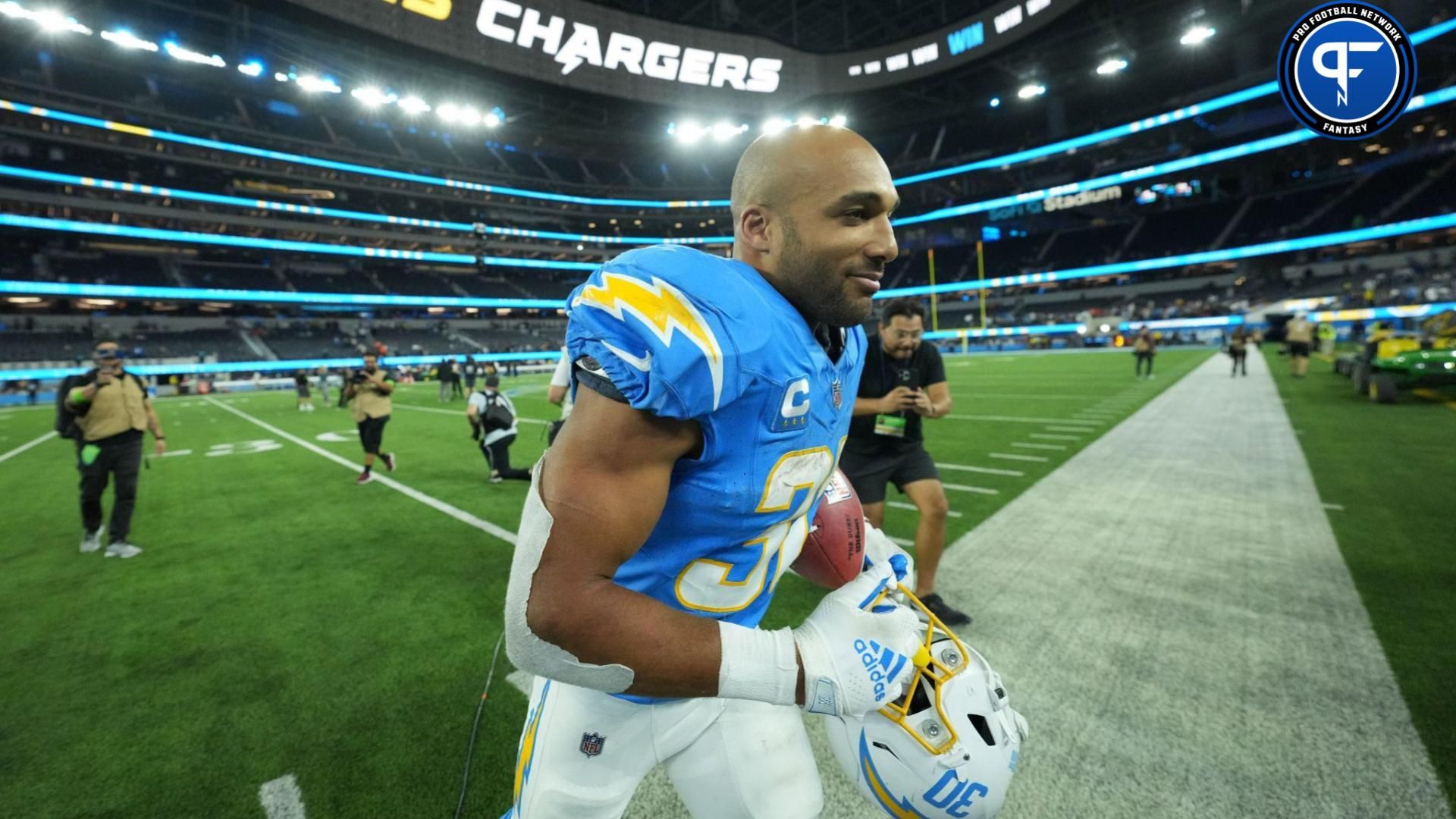 Los Angeles Chargers running back Austin Ekeler (30) leaves the field after the game against the Chicago Bears at SoFi Stadium.