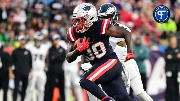 Rhamondre Stevenson (38) runs the ball against the Philadelphia Eagles during the second half at Gillette Stadium.