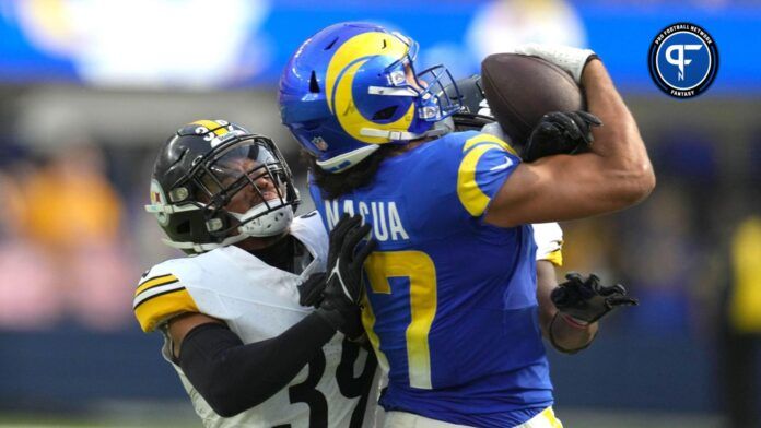 Los Angeles Rams wide receiver Puka Nacua (17) catches a pass against Pittsburgh Steelers safety Minkah Fitzpatrick (39) in the second half at SoFi Stadium.