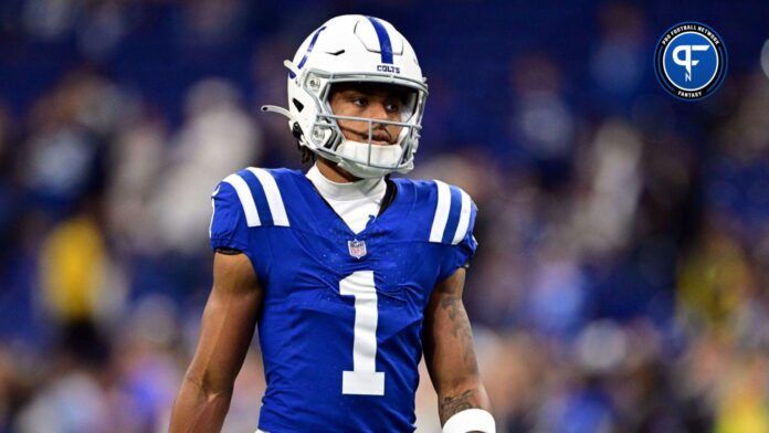 Indianapolis Colts wide receiver Josh Downs (1) warms up before the game against the New Orleans Saints at Lucas Oil Stadium.