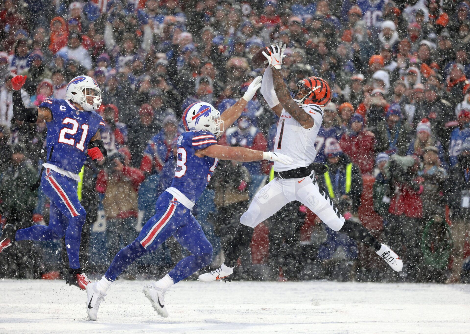 Bengals receiver Ja'Marr Chase goes up for a catch against the Buffalo Bills in Orchard Park on Jan. 22, 2023.