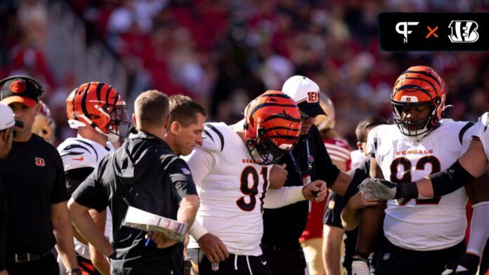 Cincinnati Bengals defensive end Trey Hendrickson (91) is walked off the field due to an injury in the second quarter of the NFL game between the Cincinnati Bengals and the San Francisco 49ers at Levi...