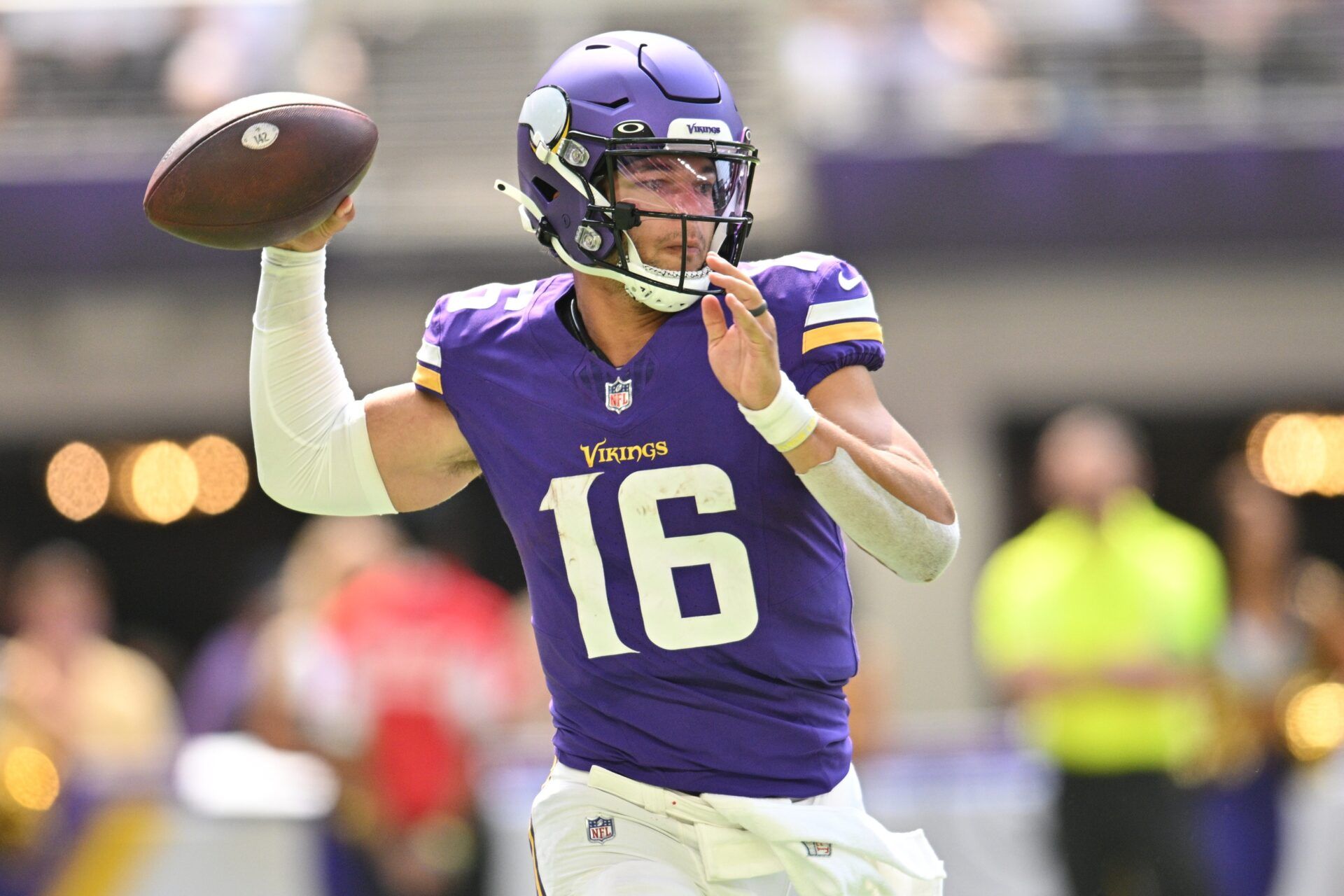 Minnesota Vikings quarterback Jaren Hall (16) throws a pass against the Arizona Cardinals during the third quarter at U.S. Bank Stadium.