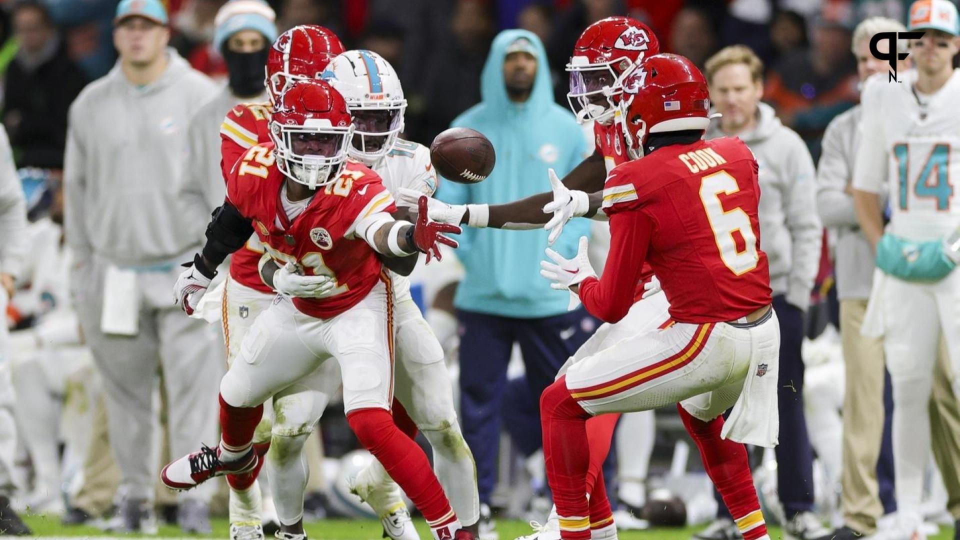 Kansas City Chiefs safety Mike Edwards (21) tosses the ball back to safety Bryan Cook (6) against the Miami Dolphins in the second quarter during an NFL International Series game at Deutsche Bank Park...