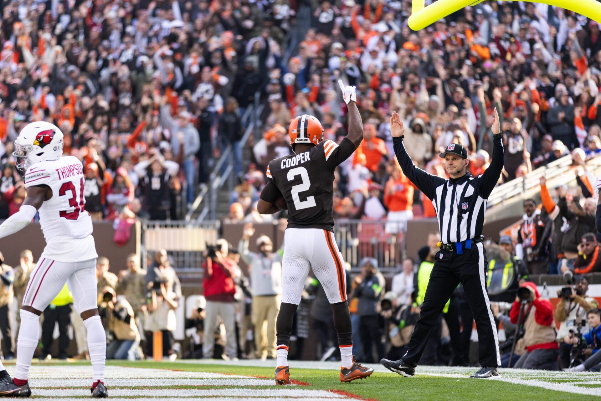 Amari Cooper (2) celebrates his touchdown against the Arizona Cardinals during the second quarter at Cleveland Browns Stadium.