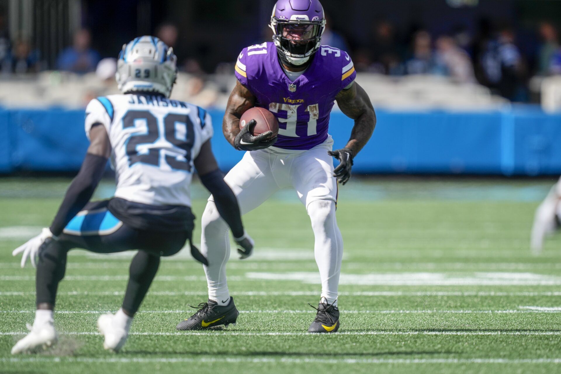 Minnesota Vikings RB Cam Akers (31) runs the ball against the Carolina Panthers.