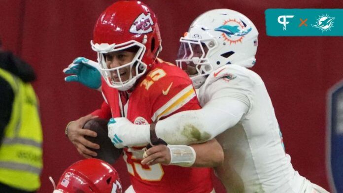 Miami Dolphins pass rusher Bradley Chubb (2) sacks and strips the ball from Kansas City Chiefs QB Patrick Mahomes (15).