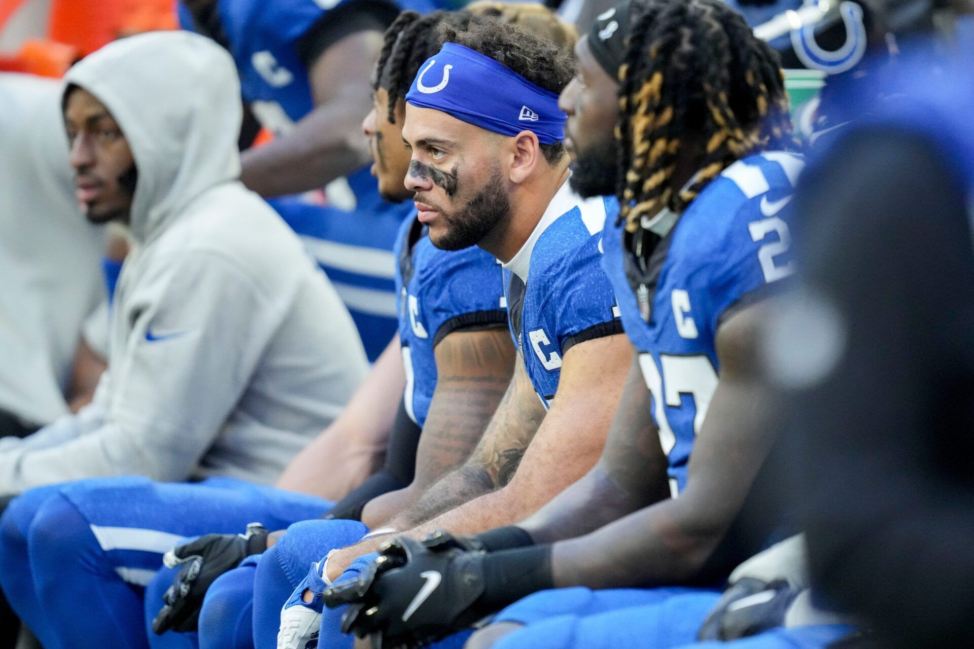 Michael Pittman Jr. (11) sits on the bench Sunday, Oct. 22, 2023, during a game against the Cleveland Browns at Lucas Oil Stadium.