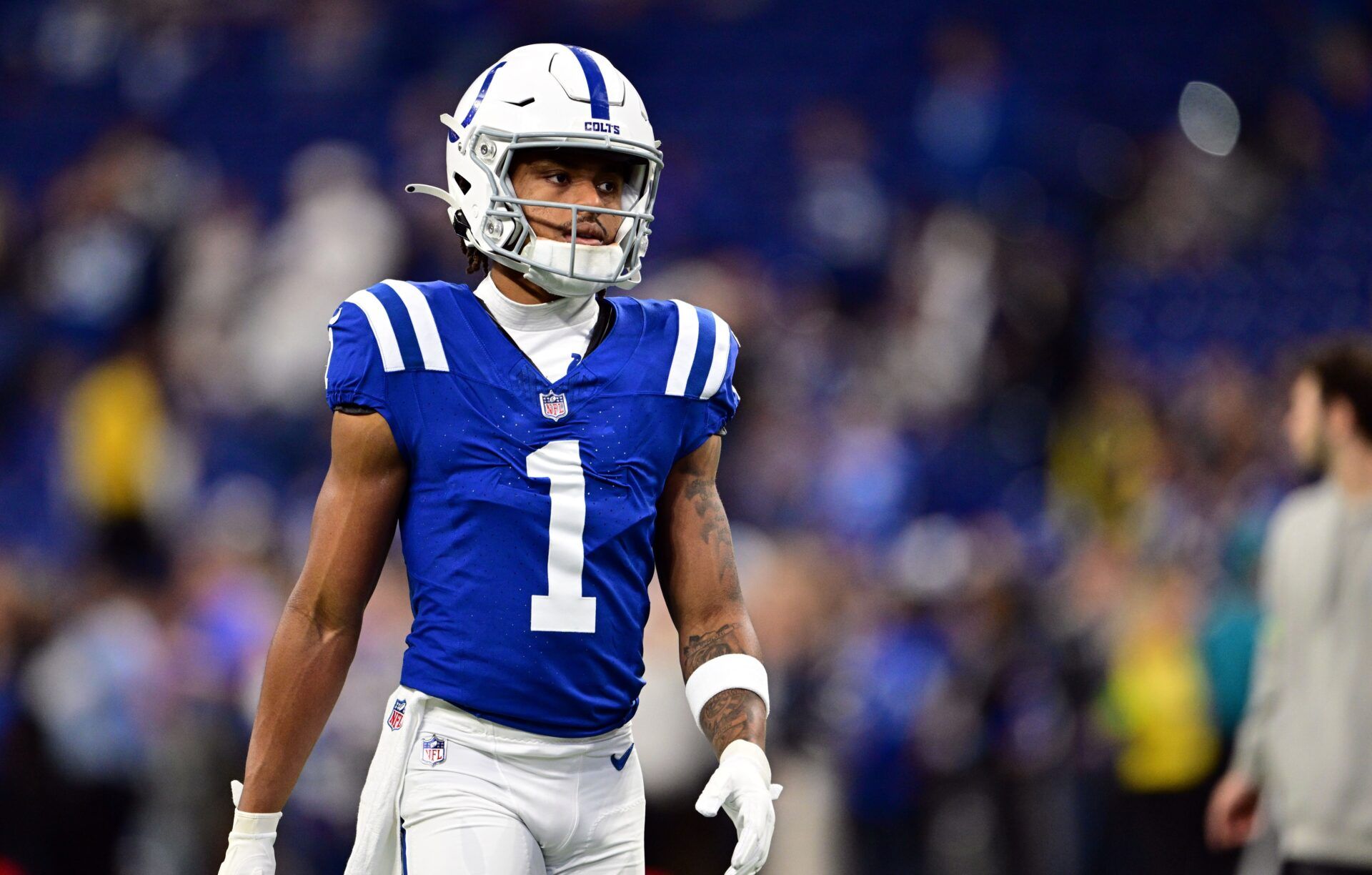 Josh Downs (1) warms up before the game against the New Orleans Saints at Lucas Oil Stadium.