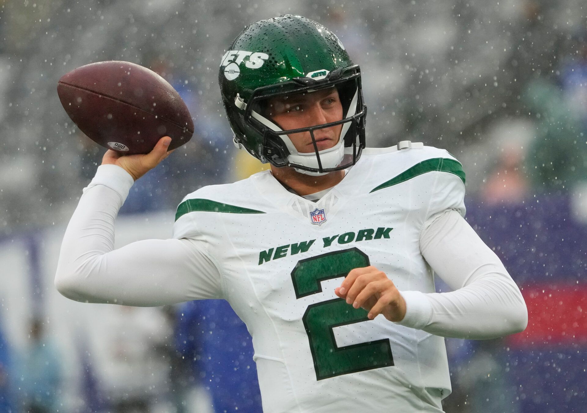 New York Jets quarterback Zach Wilson (2) warms up before the game against the New York Giants at MetLife Stadium.