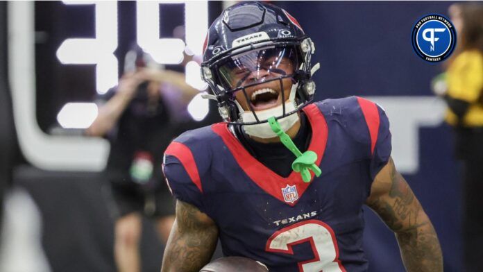 Tank Dell (3) celebrates his touchdown reception against the Tampa Bay Buccaneers in the fourth quarter at NRG Stadium.