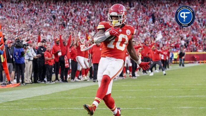 Kansas City Chiefs running back Isiah Pacheco (10) scores a touchdown against the Los Angeles Chargers during the second half at GEHA Field at Arrowhead Stadium.