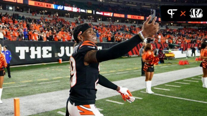 Cincinnati Bengals cornerback Cam Taylor-Britt (29) celebrates at the conclusion of their game against the Buffalo Bills at Paycor Stadium.