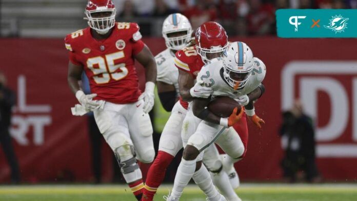 Miami Dolphins running back Jeff Wilson Jr. (23) is tackled by Kansas City Chiefs safety Justin Reid (20) in the second quarter.