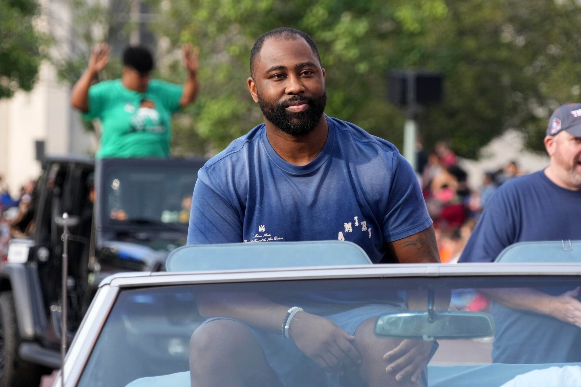 Hall of Famer Darrelle Revis during the Canton Repository Grand Parade.