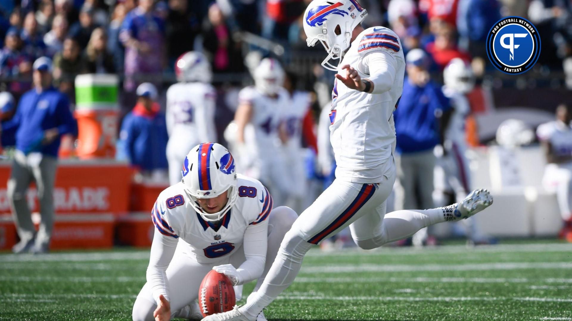 Buffalo Bills kicker Tyler Bass (2) kicks a field goal against the New England Patriots.