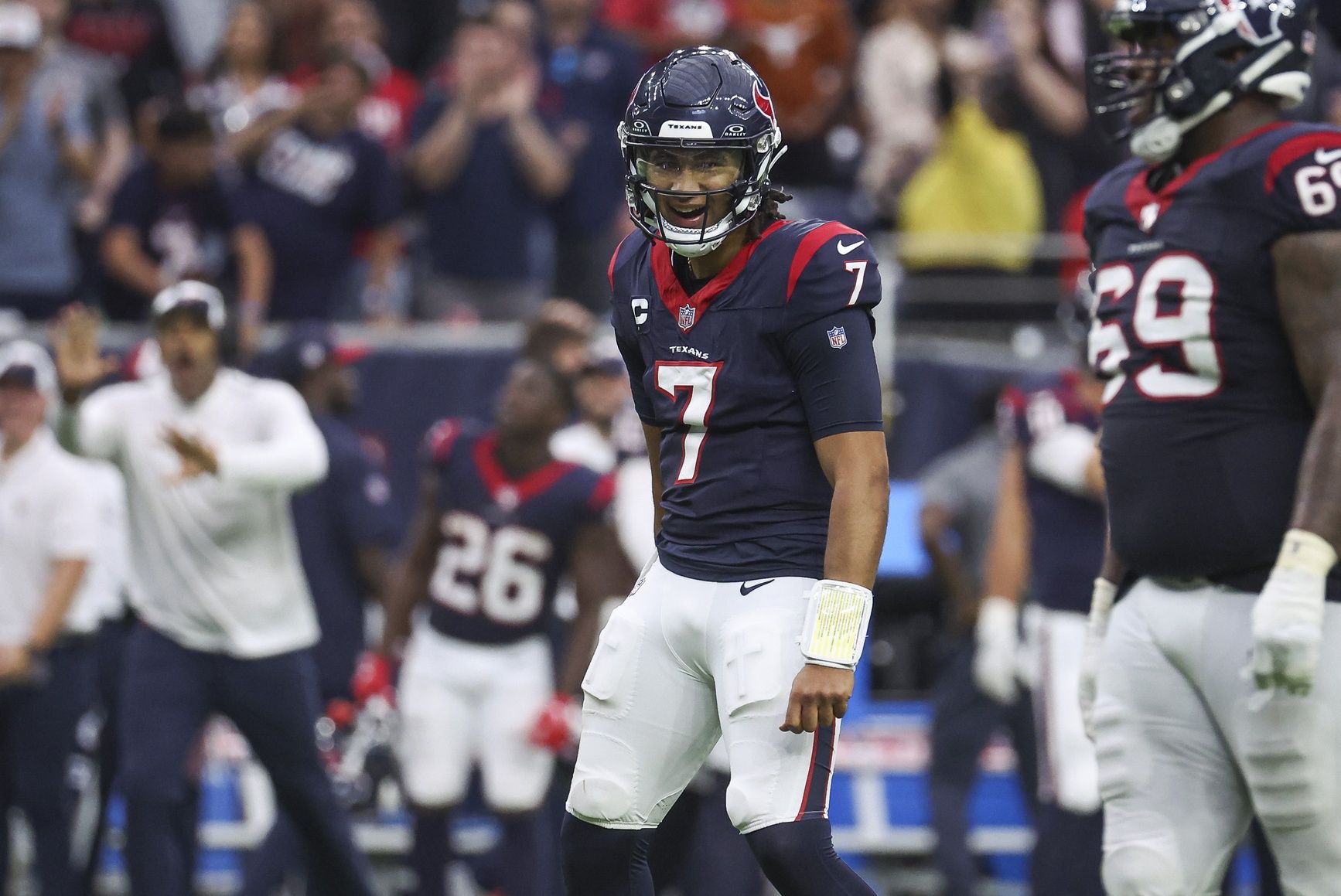 C.J. Stroud (7) reacts after a play during the fourth quarter against the Tampa Bay Buccaneers at NRG Stadium.