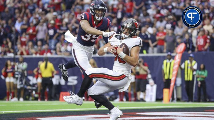 Tampa Bay Buccaneers TE Cade Otton (88) makes a TD catch against the Houston Texans.