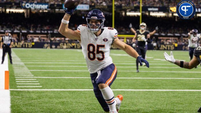 Cole Kmet (85) catches a touchdown pass over New Orleans Saints safety Tyrann Mathieu (32) during the first half at the Caesars Superdome.