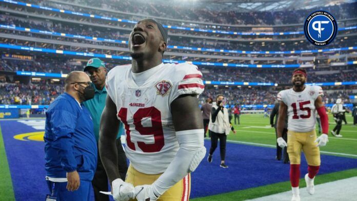 San Francisco 49ers wide receiver Deebo Samuel celebrates after defeating the Los Angeles Rams at SoFi Stadium.