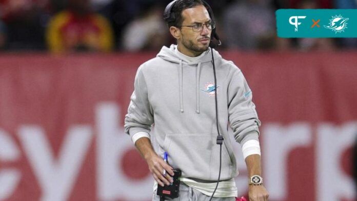 Mike McDaniel looks on from the sidelines against the Kansas City Chiefs in the third quarter during an NFL International Series game at Deutsche Bank Park.