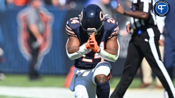 Chicago Bears running back Khalil Herbert (24) celebrates after picking up a first down on a run in the second quarter against the Denver Broncos at Soldier Field.