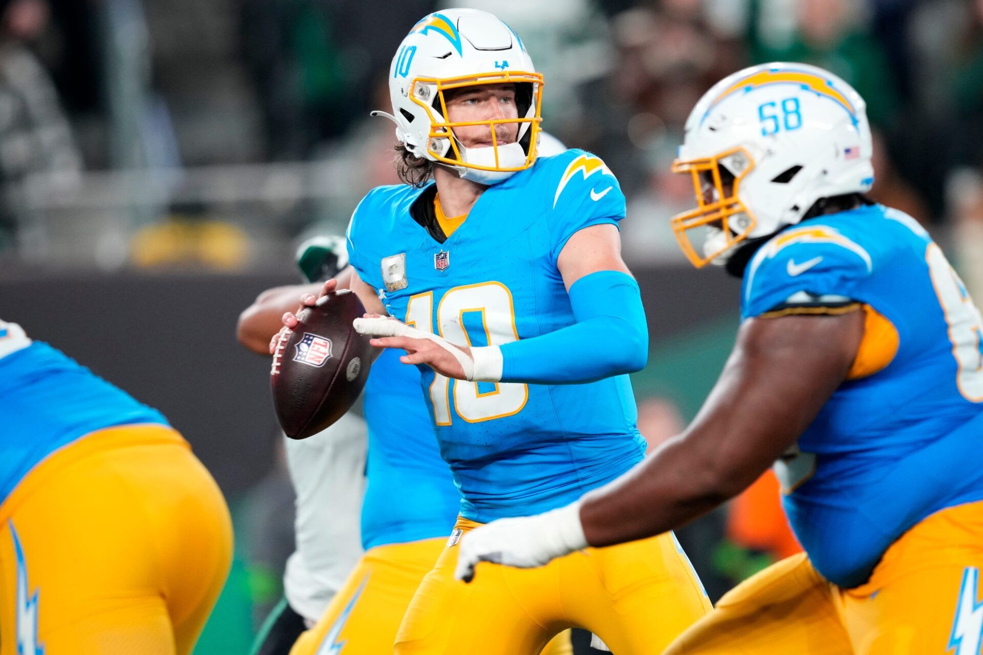 Los Angeles Chargers quarterback Justin Herbert (10) is shown, at MetLife Stadium, Monday, November 6, 2023.