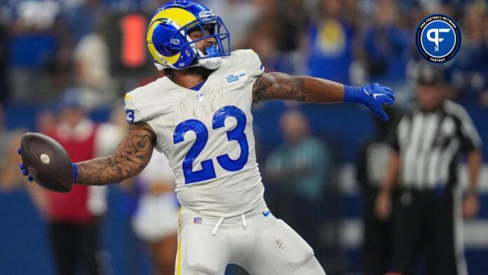 Los Angeles Rams RB Kyren Williams (23) celebrates after a touchdown against the Indianapolis Colts.