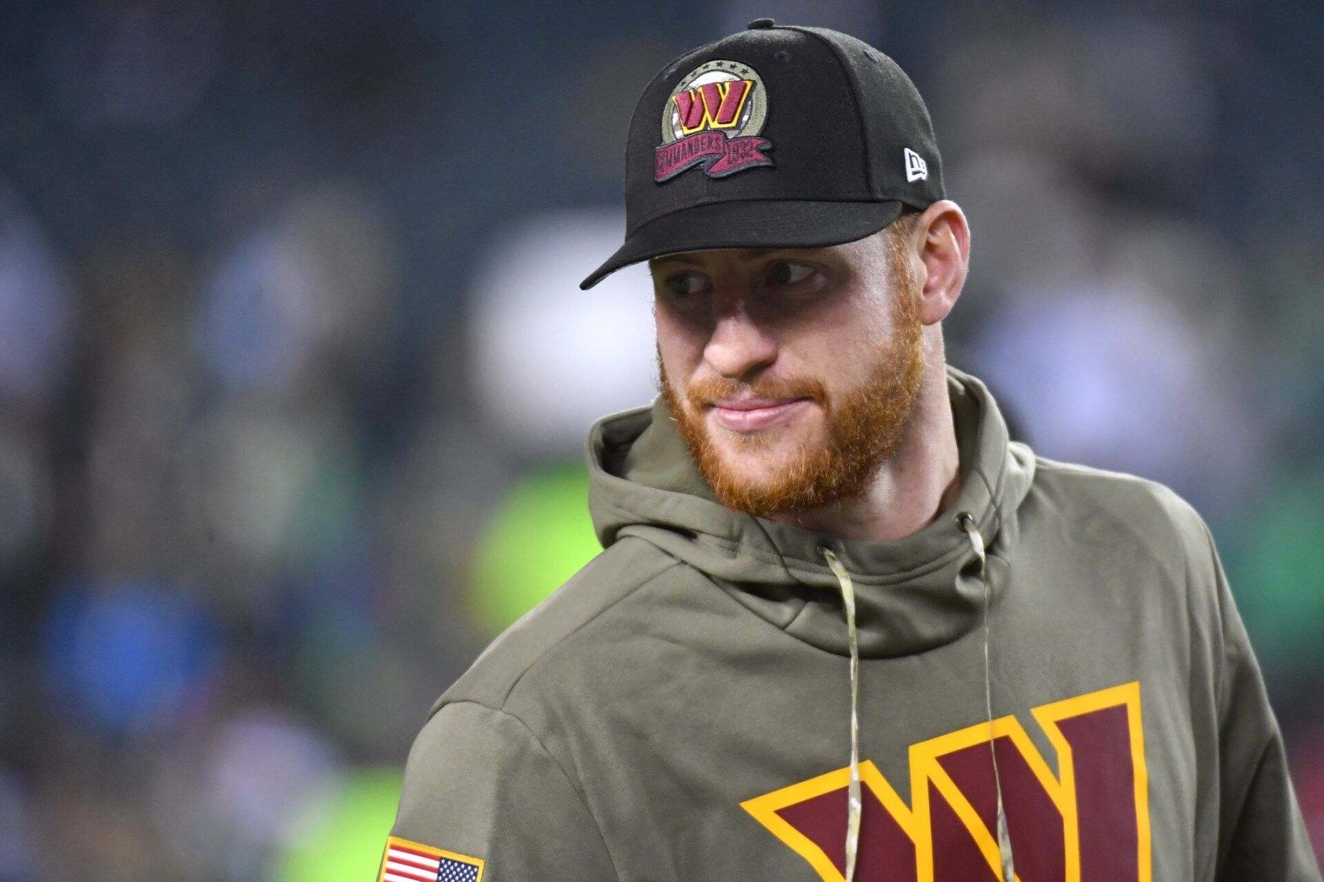 Washington Commanders QB Carson Wentz pictured during warmups.