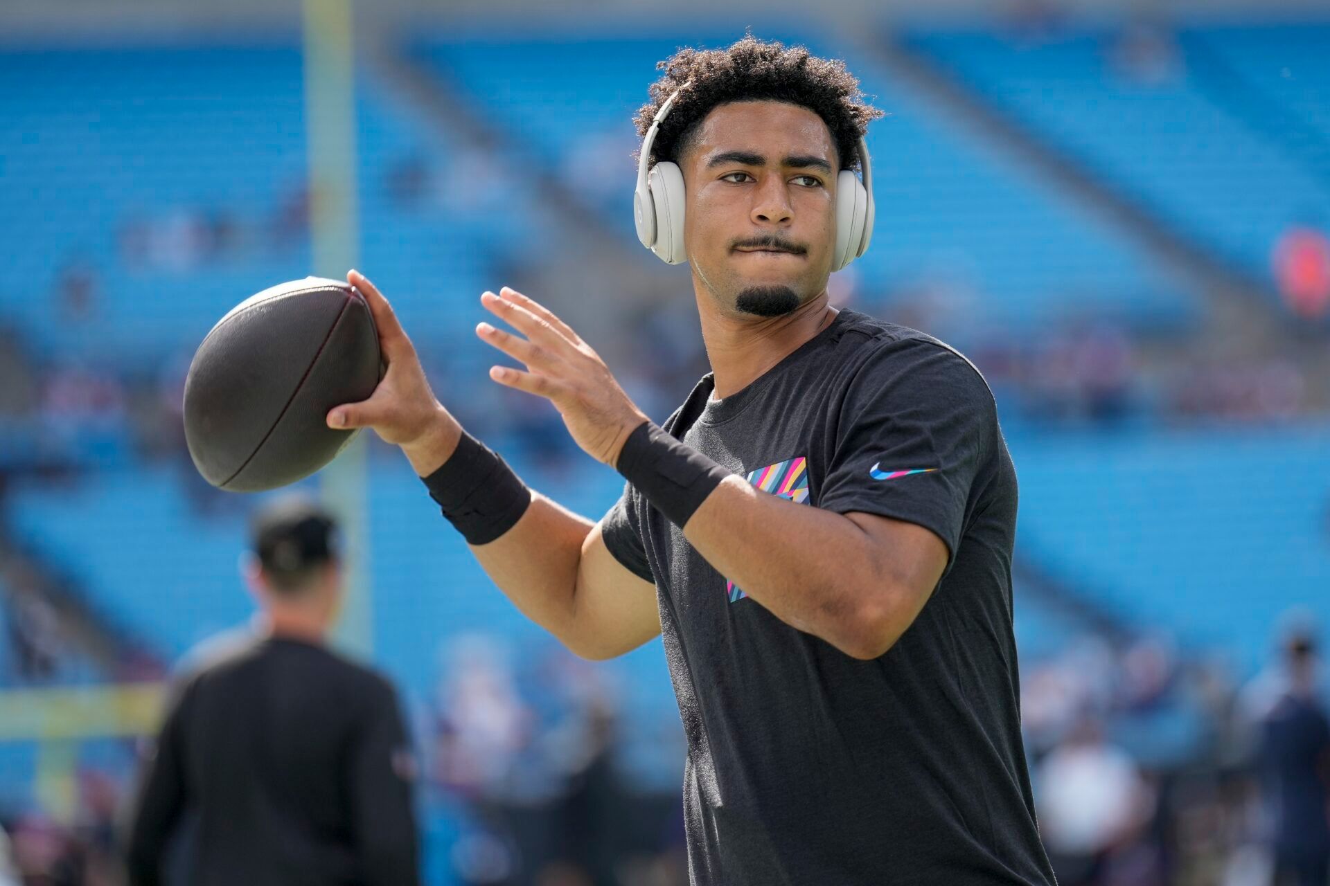 Carolina Panthers quarterback Bryce Young (9) throws during pregame warm ups against the Minnesota Vikings at Bank of America Stadium.