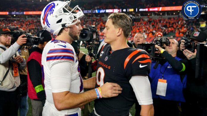 Buffalo Bills quarterback Josh Allen (17) and Cincinnati Bengals quarterback Joe Burrow (9) shake hands at the conclusion of their game at Paycor Stadium.