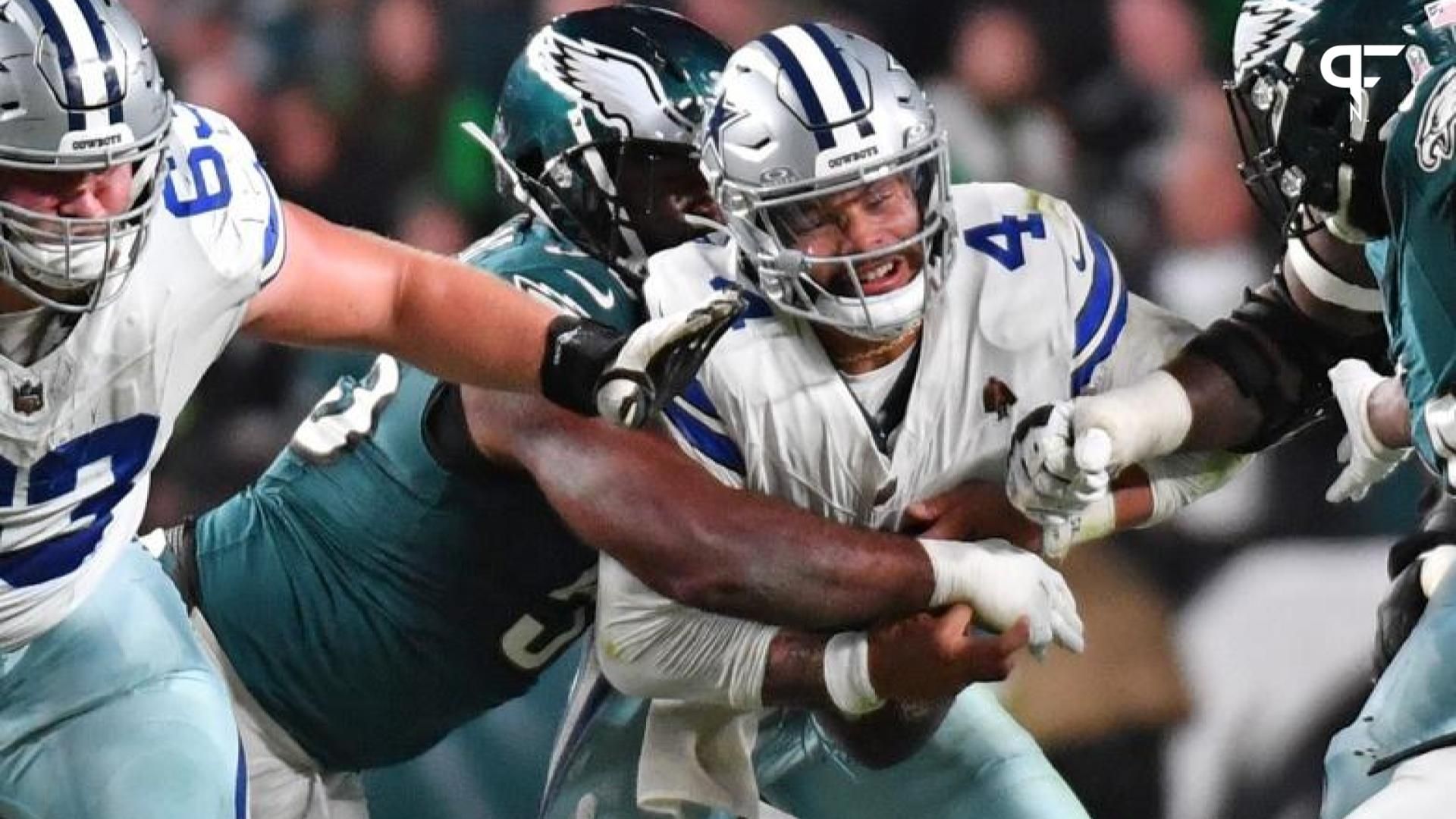 Philadelphia Eagles defensive end Brandon Graham (55) sacks Dallas Cowboys quarterback Dak Prescott (4) during the fourth quarter at Lincoln Financial Field.