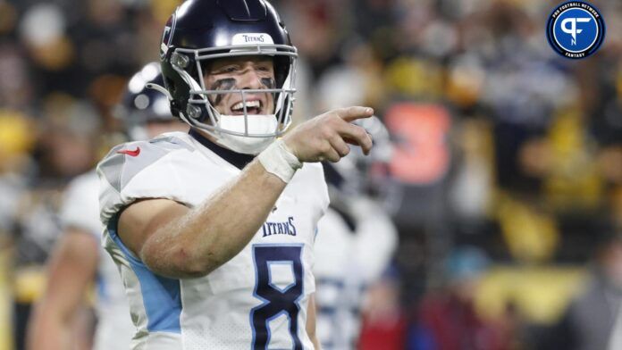 Will Levis (8) gestures to the sidelines against the Pittsburgh Steelers during the third quarter at Acrisure Stadium.