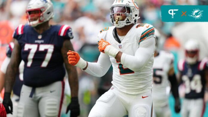 Miami Dolphins LB Bradley Chubb (2) celebrates after a sack against the New England Patriots.