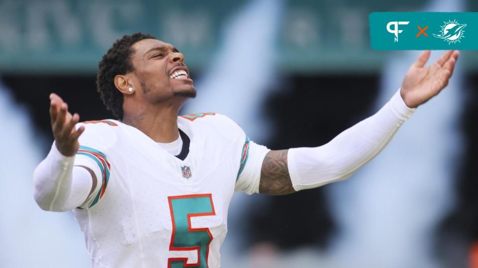 Jalen Ramsey (5) reacts as he takes the field prior to the game against the New England Patriots at Hard Rock Stadium.