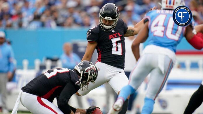 Atlanta Falcons place kicker Younghoe Koo (6) kicks a field goal against the Tennessee Titans during the third quarter at Nissan Stadium.