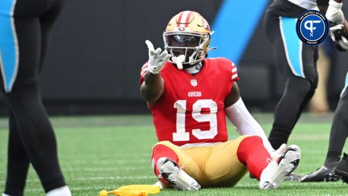 San Francisco 49ers wide receiver Deebo Samuel (19) reacts after being fouled in the third quarter at Bank of America Stadium.