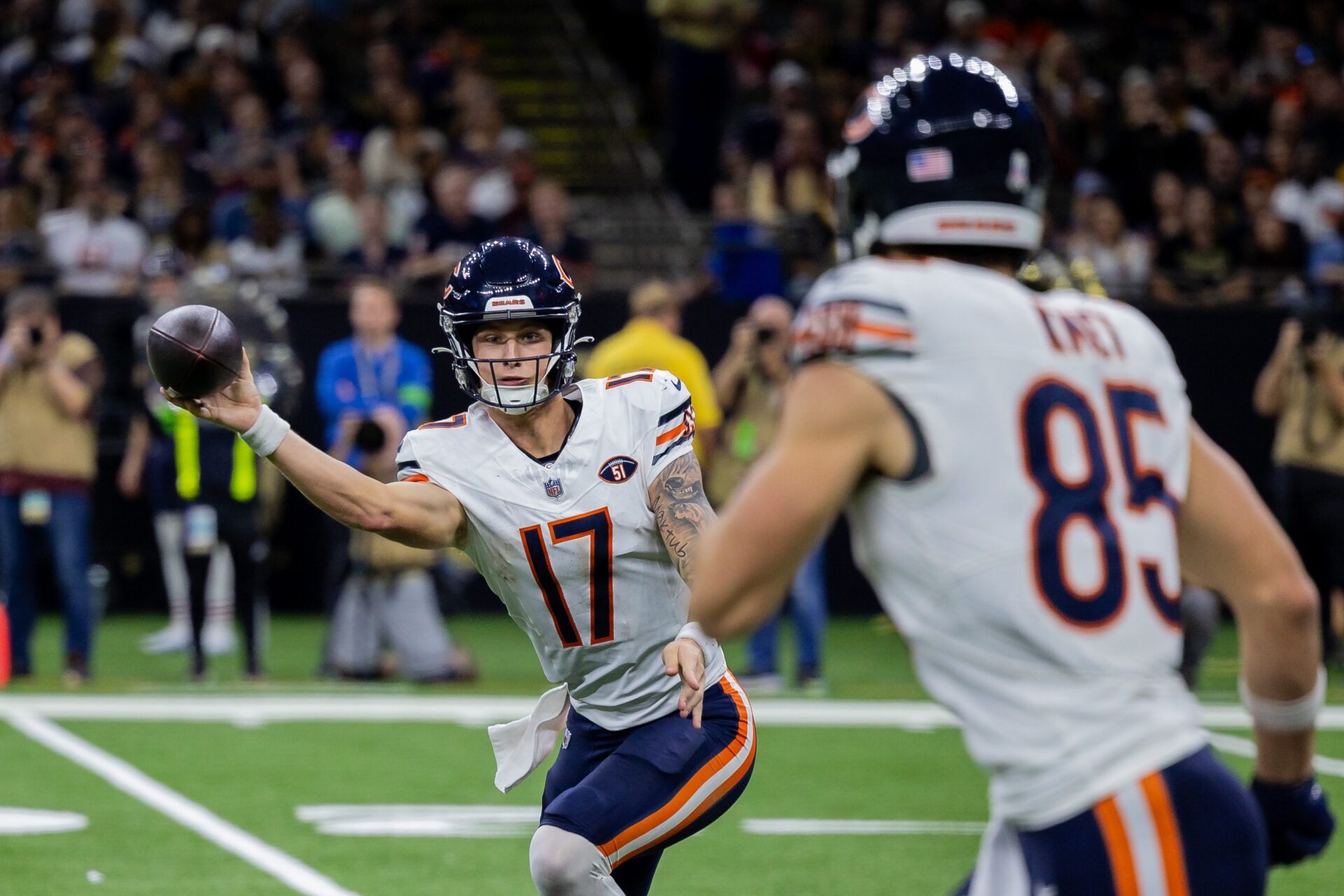 Chicago Bears quarterback Tyson Bagent (17) passes to tight end Cole Kmet (85) against the New Orleans Saints during the second half at the Caesars Superdome.