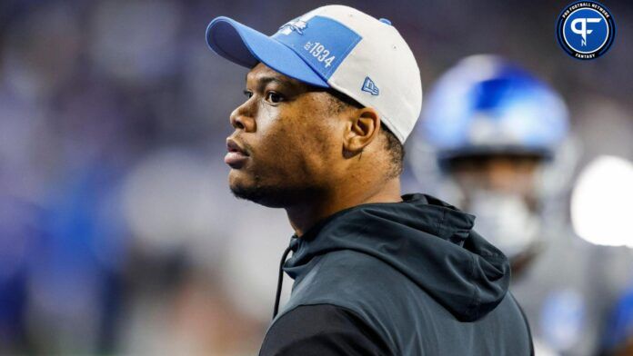 Lions running back David Montgomery watches warmups before the game against the Raiders on Monday, Oct. 30, 2023, at Ford Field.